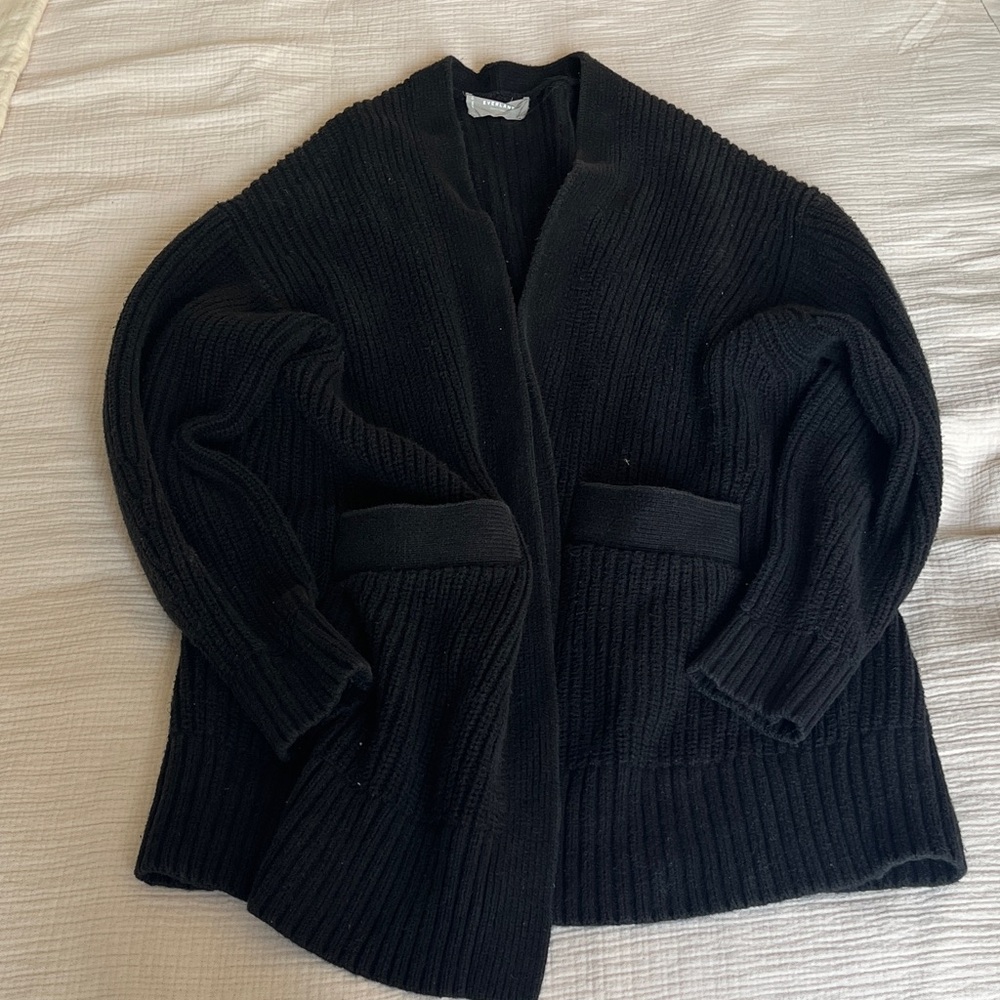 Everlane Black Open-Front Ribbed Knit Cardigan Sweater